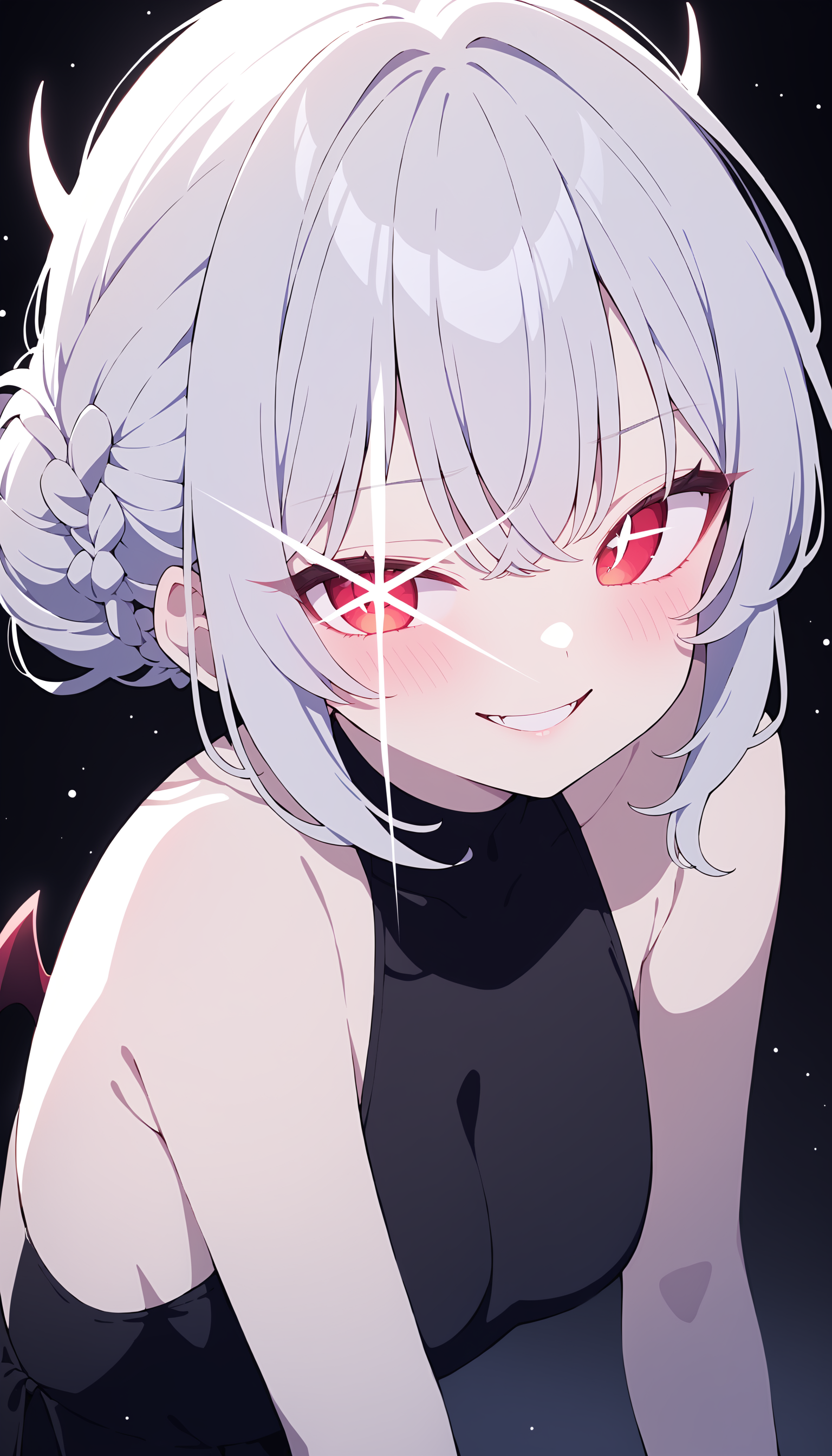 1girl,solo,evil eyes,evil smile,demon girl,french braid,glowing,looking at viewer,black background,light particles,dark,<lora:stareye starlight_XL_bx-v1.02:1>,white stareye,
masterpiece,best quality,great quality,newest,recent,absurdres,mamyouda,