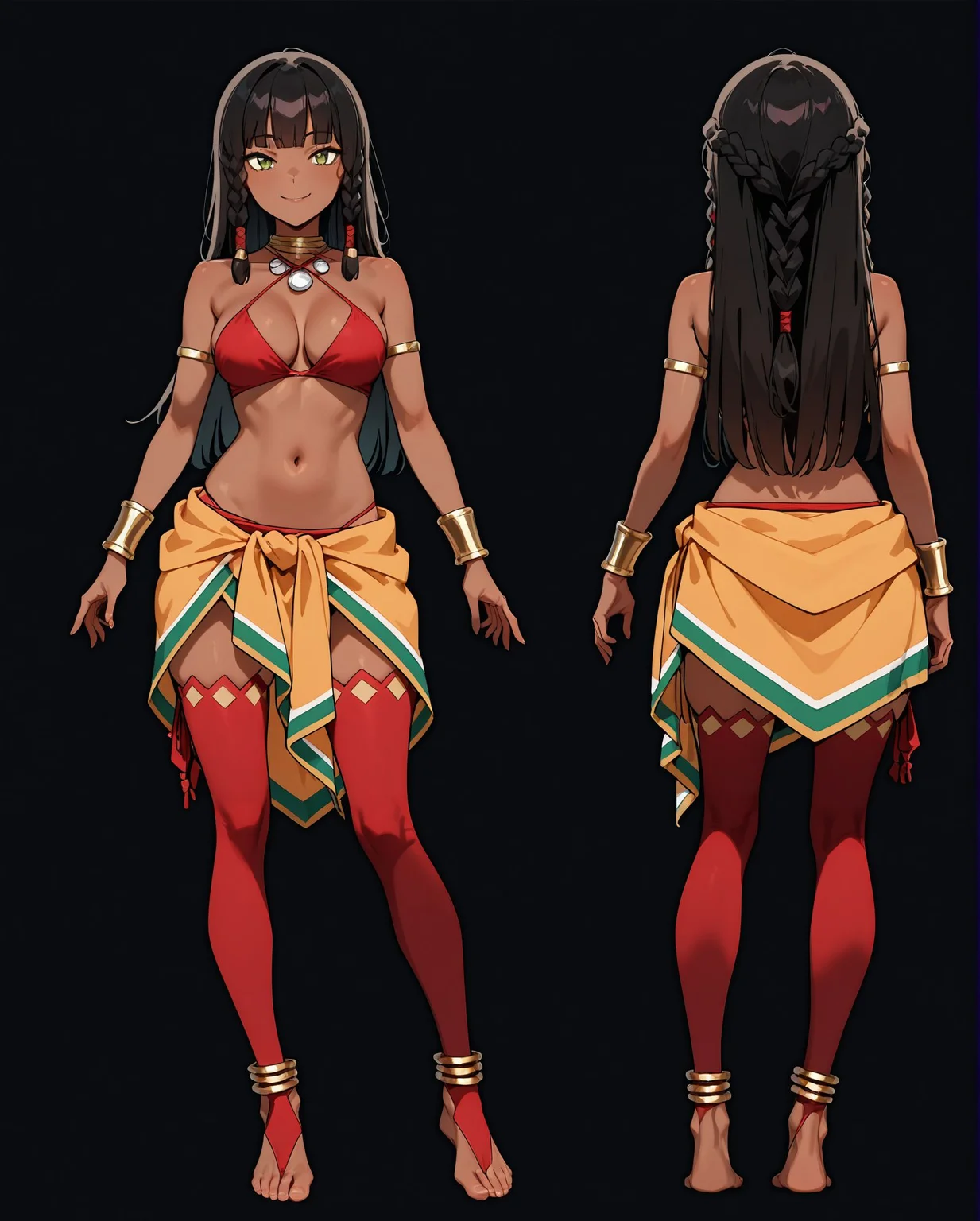 masterpiece,best quality,amazing quality,very aesthetic,absurdres,newest, huge filesize,
<lora:spo_sdxl_10ep_4k-data_lora_webui:0.5>,
<lora:add-detail-xl:1>
<lora:DANMACHI_V2:1>
danmachiV2,
1girl,long hair,barefoot,breasts,
braid,navel,dark skin,
jewelry,dark-skinned female,
full body,thighhighs,cleavage,
black hair,medium breasts,
smile,turnaround,bracelet,
tribal,d_tione,