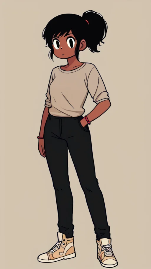 score_9, 1girl, solo, black hair, dark skin, dark-skinned female, ponytail, black eyes, full body, looking at viewer, <lora:Hazel:1>
