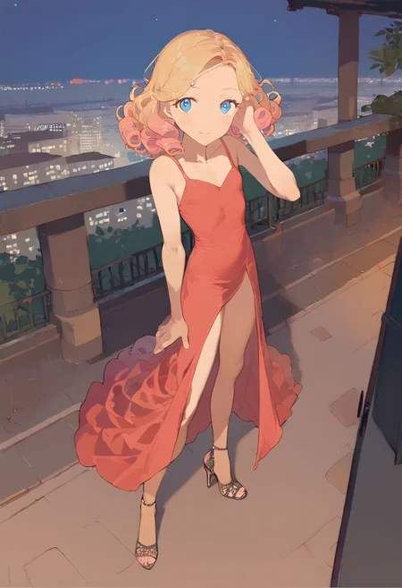 score_9, score_8_up, score_7_up, score_6_up, vivid, vivid colors, colorful, eye catching, rating_explicit, BREAK, cute girl, (adorable girlfriend) (sister), (flat chest), (long legs), (wide hips:0.5), curly hair, blue eyes, blonde to pink hair color gradient, high heels, stilettos, high slit dress, black evening gown, sheer tights, outdoors, Manhattan, Greenwich Village, nighttime, at night, date with your beautiful girlfriend, loving, sweet, (smile:0.5), from above,