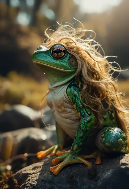 side view portrait, a stoic frog wearing a wig with long golden hair locks, windy day , majestic, deep shadows, perfect composition, detailed, high resolution, low saturation, lowkey, muted colors, atmospheric,
