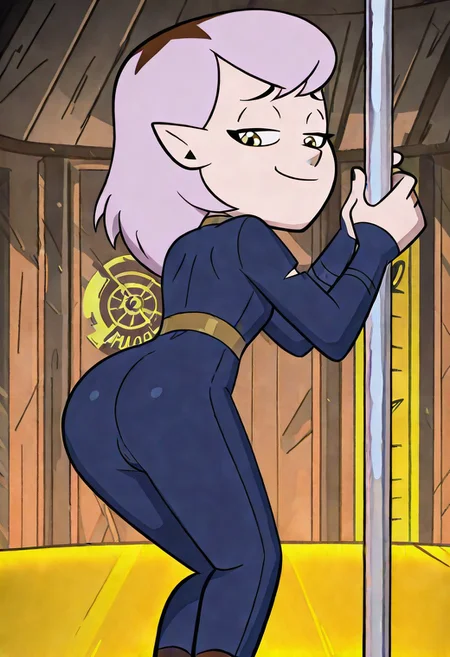 solo, 1girl, AmityBlightS3, ,Vault33COSIL,bodysuit,blue jumpsuit,number,((((yellow lines)))),shiny,skin tight,fallout \(series\),fallout 4, strip club, stripper pole, looking behind, smug, smile, ass, showing ass,