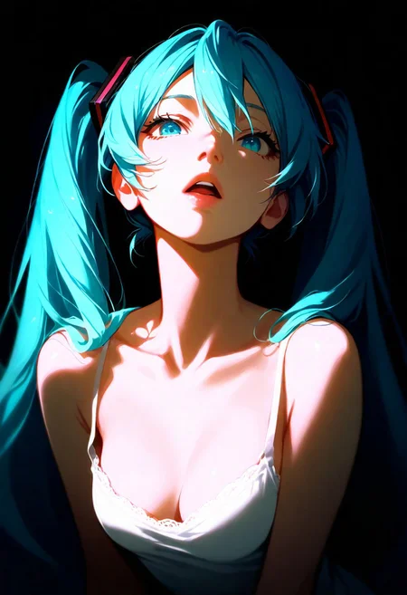 1girl, hatsune_miku, lips, thin lips, parted lips, open mouth, solo, looking at viewer, white camisole, upper body, (dark), underlightling, masterpiece, best quality, very aesthetic