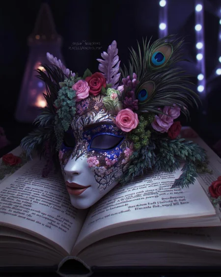 <lora:ck-LttleGhost-000011.safetensors:1> in the style of ck-lttlegh0stA fantasy mask adorned with peacock feathers, pink roses, and fern fronds sits atop an open book page, surrounded by dim LED lights that cast an ethereal glow. The intricate floral patterns on the mask are a riot of color and texture, shot from a direct eye-level perspective to emphasize its fantastical quality.