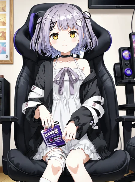official art,official style,anime screencap,anime coloring,megami magazine,anime,animated
ShinomiyaDefault, 1girl, solo, short hair, two side up, hair ornament, sleeveless dress, black choker, bandages, open jacket,
indoors, looking at viewer, smile, sitting,gaming chair,
<lora:ShinomiyaRuna_Pony_1.0:0.75> <lora:Anime_Screencap:0.9>