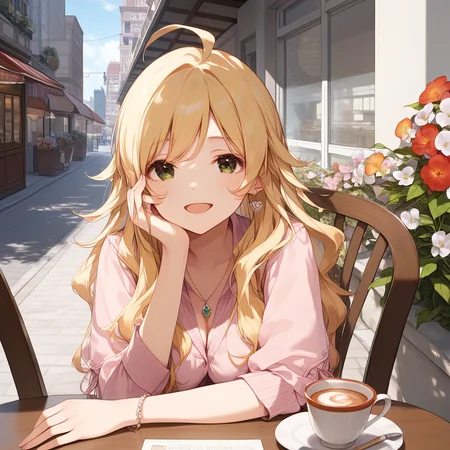 score_9, score_8_up, score_7_up, score_6_up,
<lora:Expressive_H:1.0>, uncensored,
1girl, <lora:KisaragiChihaya_pony_v1:0.9>, hsimk, long hair, blonde hair, bangs, ahoge, green eyes, large breasts,
pink shirt, (denim pencil skirt, miniskirt:1.1), earrings, necklace, bracelet,
day, city, cafe, window, street, Terrace seats,chair, table, outdoors,
cafe with cute atmosphere, flower, Foliage plant,
tea time, tea cup, strawberry shortcake, latte art,
sitting,
hand on own face,
upper body, pov,
smile, open mouth, half-closed eyes, (nose blush:1.2), looking at viewer,
from above,
masterpiece, best quality,