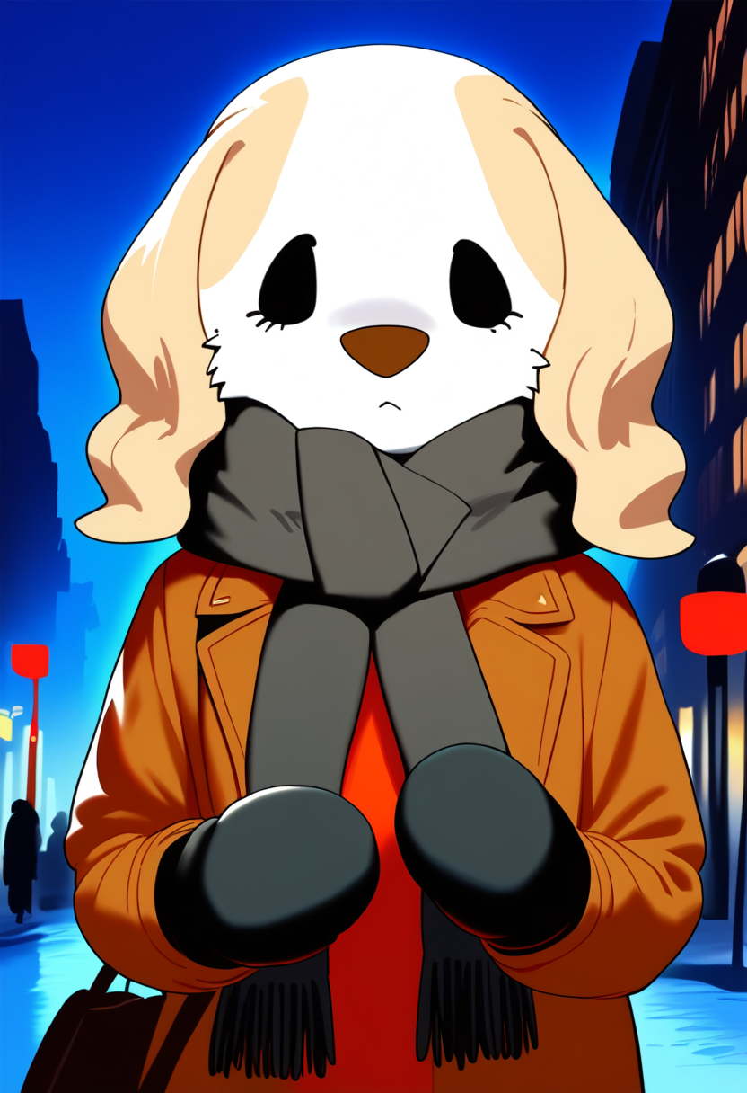 <lora:Inui_Aggretsuko-03:1> score_9, score_8_up, score_7_up, score_6_up, score_5_up, score_4_up, inui_aggretsuko, dog girl, furry female, standing, outdoors, black scarf, upper body, mittens, night, brown coat, city