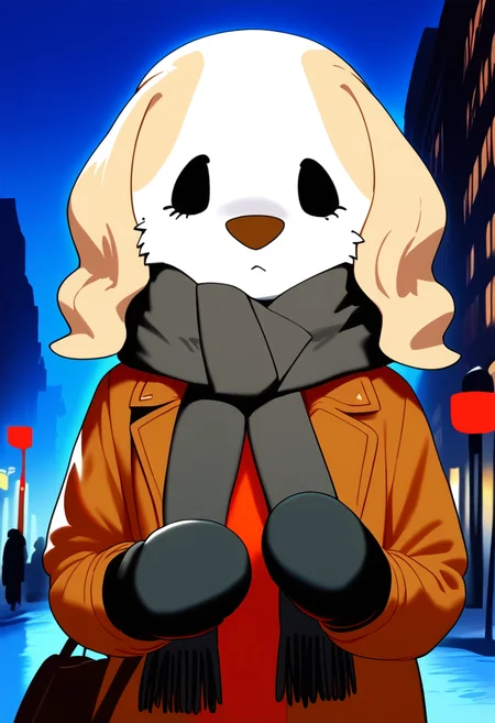 <lora:Inui_Aggretsuko-03:1> score_9, score_8_up, score_7_up, score_6_up, score_5_up, score_4_up, inui_aggretsuko, dog girl, furry female, standing, outdoors, black scarf, upper body, mittens, night, brown coat, city