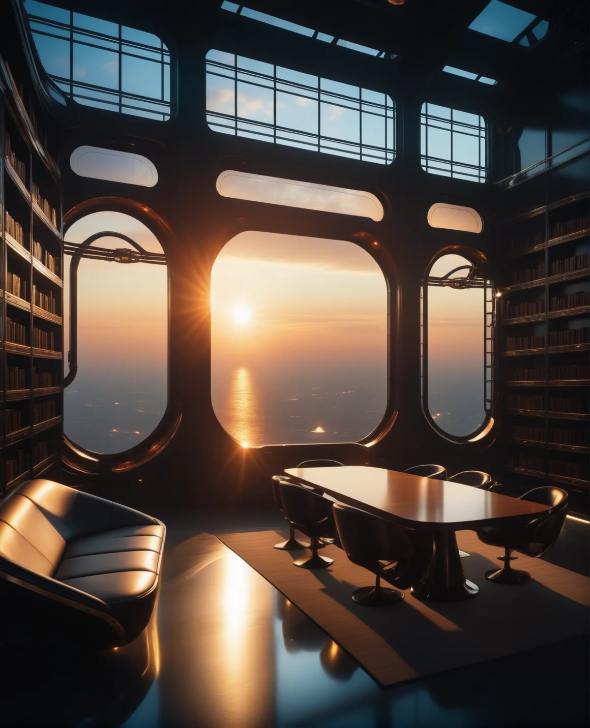 masterpiece, high quality, a reij-ebsu library, retro sci fi steampunk sunrise <lora:ebony sunset-000001:0.9>