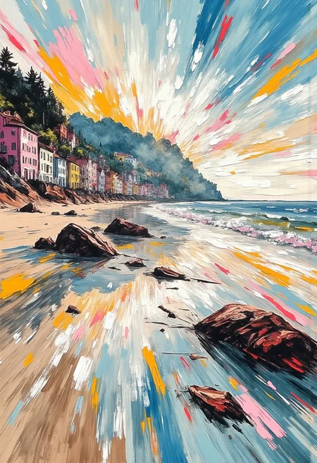 A dinkfsn style ink wash painting <lora:Vibrant_watercolor_v.22:0.8> Seen from a low perspective across reflective tide pools on a long rocky beach with tiered cliffs rising high. A colorful seaside town sits built on different tiers of the the cliffs. Fleeting sunlight breaking through moving clouds. Rippled sand mingle in mirrored brushstrokes of steel blue, copper pink, and misty beige. Tide pools and rocks populate the foreground with quick dashes of paint. Monet's textural layering and high-key tonal range lend vibrancy and a sense of pilgrimage to this windswept, reverent seascape, painted with a muted triadic palette that balances sea cools with earthy warmth.