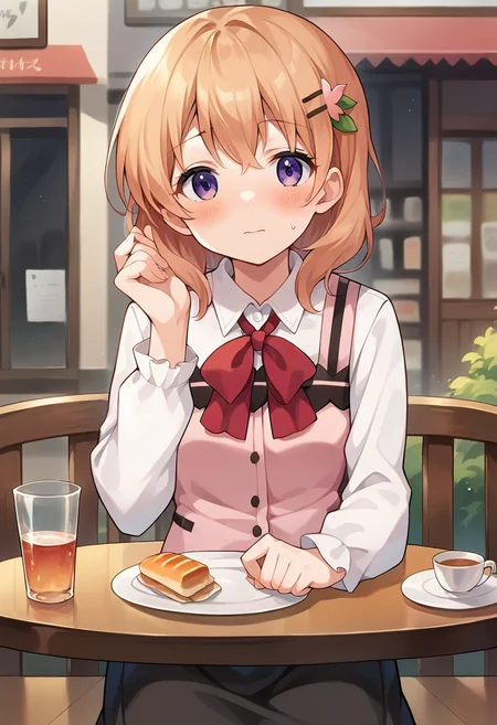 score_9, score_8_up, score_7_up, source_anime, masterpiece, 1girl, ctiank0k0a, dress shirt, long sleeves, pink vest, black skirt, long skirt, red ribbon, looking at viewer, outdoors, city, depth of field, hand up, facing viewer, sitting, cafe, table, (pov across table), nervous, blush, sweatdrop, leaning forward, arm support, <lora:Hoto_Kokoa_pony_ct:0.9>,
