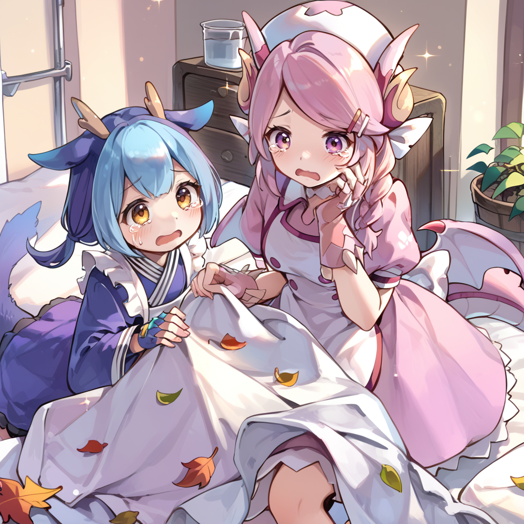 (score_9:0.9),score_8_up,score_7_up,anime style,rating_safe,(zPDXL),<lora:Nurse dragonmaid ponyXL v1:0.8>,nurse cap, nurse dragonmaid, pink wings, nurse dress, pink fingerless gloves, claws boots, laundry dragonmaid, blue maid outfit, blue fingerless gloves, multiple girls, 2girls, laundry, bed, indoors, sparkle, blanket, bucket, leaf, open mouth, holding, tears, leaf, tearing up