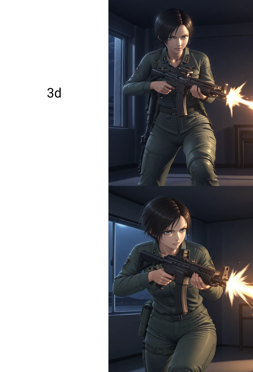 <lora:nagase-kei-ac5-v2-illustrious-000030:1> n4g4s3ke1, military uniform, pants
1girl, solo, assault rifle, attack, uzzle flash, indoors, night, dramatic lighting, cinematic lighting
masterpiece, best quality, 3d, masterpiece, best quality