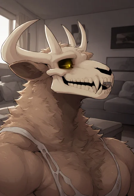 masterpiece, detailed background, best quality, absurd res, high detail, aesthetic, detailed eyes,
Becks, furry male, solo, demon, skullhead, animal ears, face focus, light brown fur,, muscular male, yellow eyes,
Indoors, living room, couch, morning, detailed background,