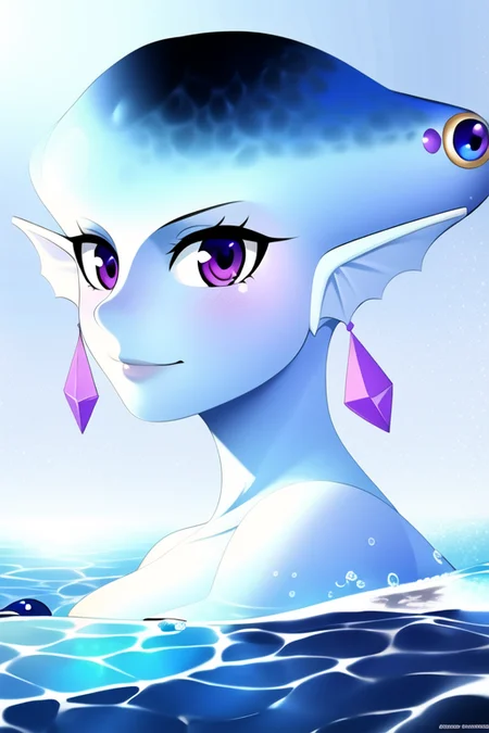 masterpiece, best quality, a portrait of princess ruto, fantasy, water, ruto, slim, breasts, realistic, blue skin, zora, 1girl, earrings, fin, fish girl, fin ears, purple eyes, solo, upper body