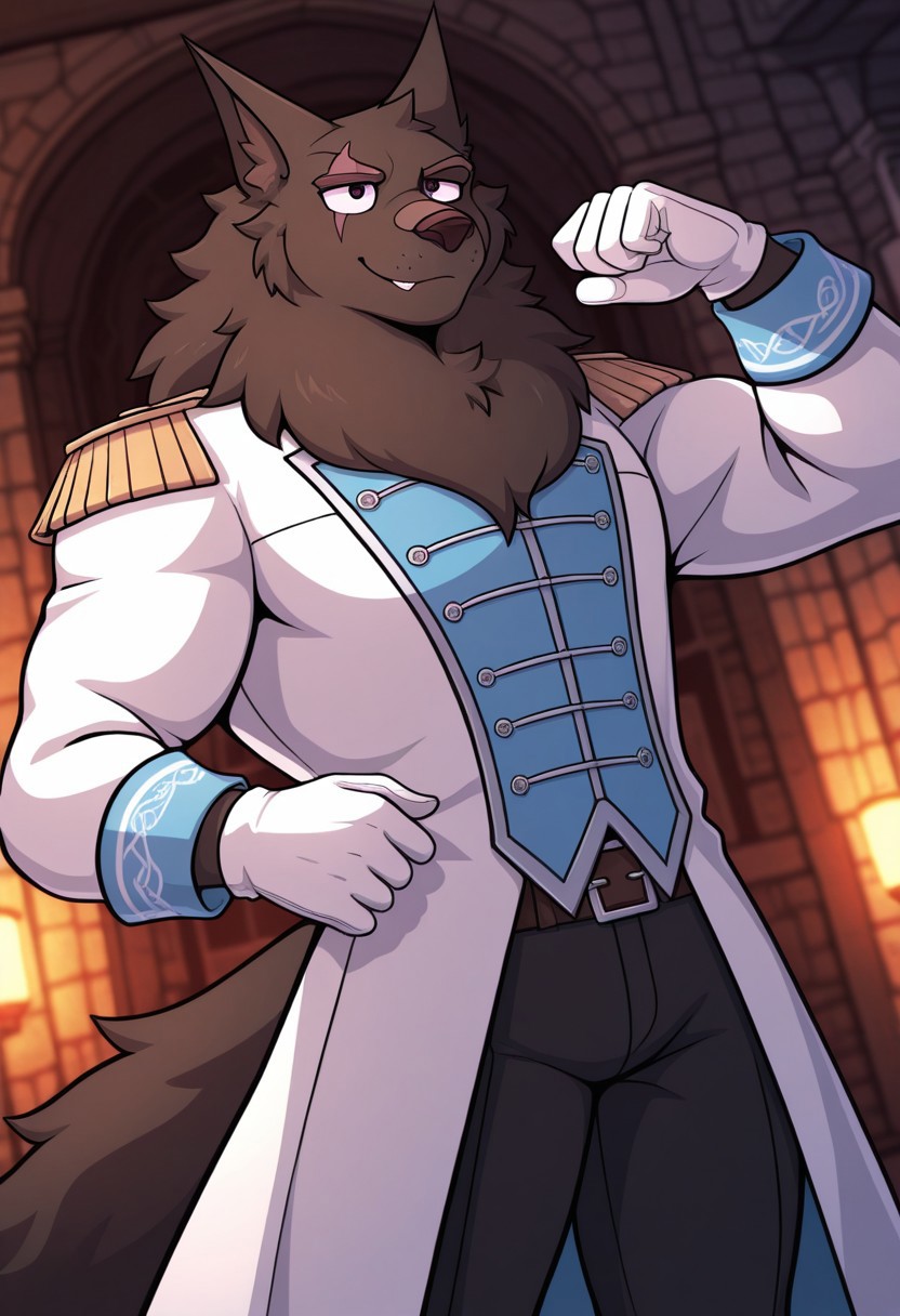 <lora:Lyall_ILXL:1>, solo, lyall, furry, scar across eye, looking at viewer, muscular, dark eyes, white coat, long sleeves, black pants, belt, white gloves, epaulettes, dutch angle, smile, BREAK masterpiece, best quality, amazing quality, very aesthetic, high resolution, absurd res, detailed background, inside, detailed eyes, beautiful, scenery, pose, posing, separate focus, 4K, detailed fur, detailed muscles, cinematic lighting, depth of field, head up, looking up