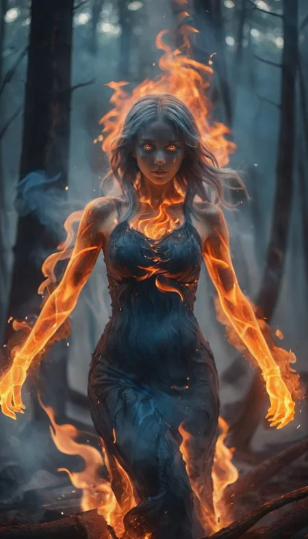 (fire element:1.1),composed of fire elements,(1girl:1.3),<lora:xl-shanbailing-1003fire-000010:0.75>,
highly detailed,masterpiece,malicious fire elemental emerges from (burning forest:1.2),evil eyes,trees on fire and rising smoke background,faint blue hue,swirling fire,mythical,mystical,glowing_hands,