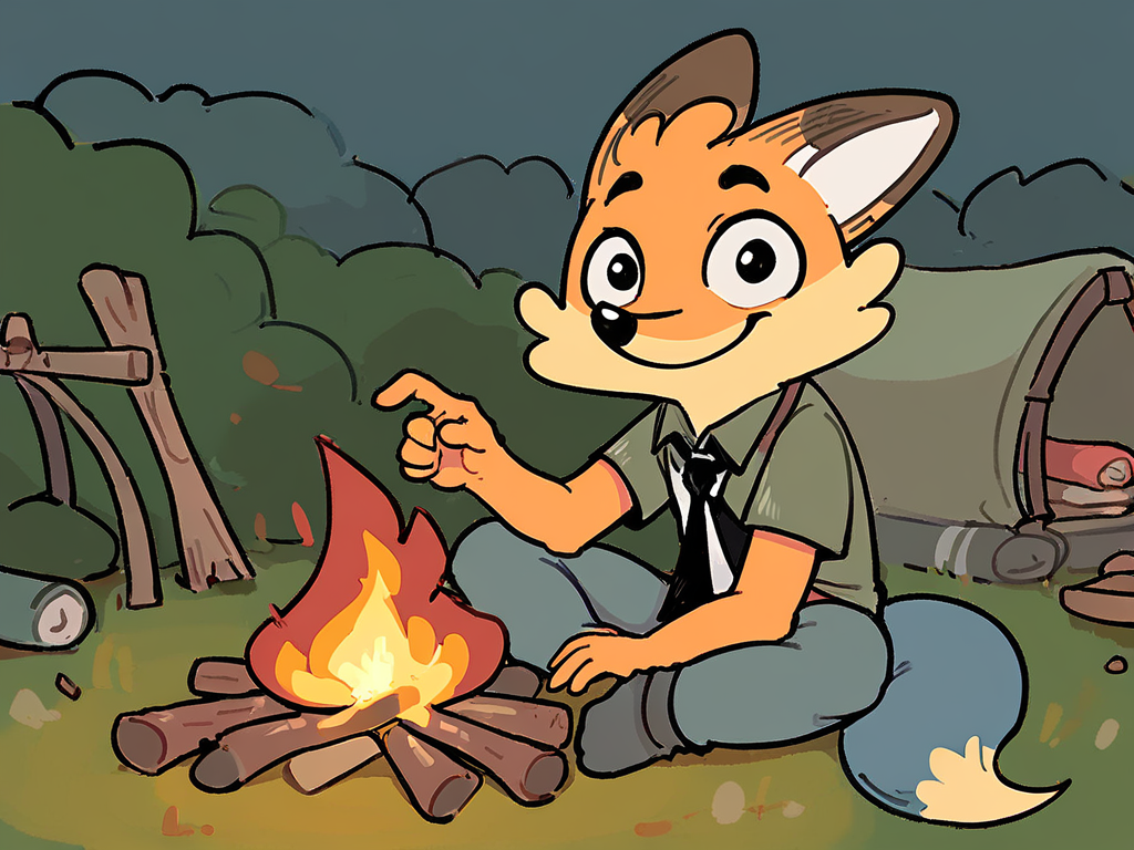 score_9, score_8_up, score_7_up, high quality, hires, furry, male, fox, Ron, solo, shirt, black necktie, campfire, camp, looking at viewer, smile, <lora:Ron_r1-1.5:1>,