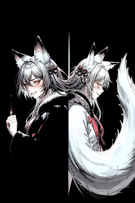 (abstract art:1.3),(psychedelic,futuristic:1.2),masterpiece, highly detailed 8k cg, best cinematic quality, volumetric lighting and shadows,perfect reflection,
(white theme:1.2), (fox theme:1.2),
(white long hair, 1 perfect girl with sexy body,perfect white fox ears,red glowing eyes, glowing body,kimono,1 perfect white fox tail,IncrsTailsFixer,smirk,canine tooth,perfect detail face,perfect detail hands,perfect detail fingers :1.43),
(only use 3 colors,white,black,garnet),
ultra high res, <lora:TailsFixer:0.6> IncrsTailsFixer,<lora:acid_fluid_lora:0.4> <lora:DarkIncursioStyle:0.4>, night, (dark environment) <lora:Gloomifier_V2_TheGlow:0.3> <lora:add_detail:1> <lora:Perfect fingers Lora:0.4>