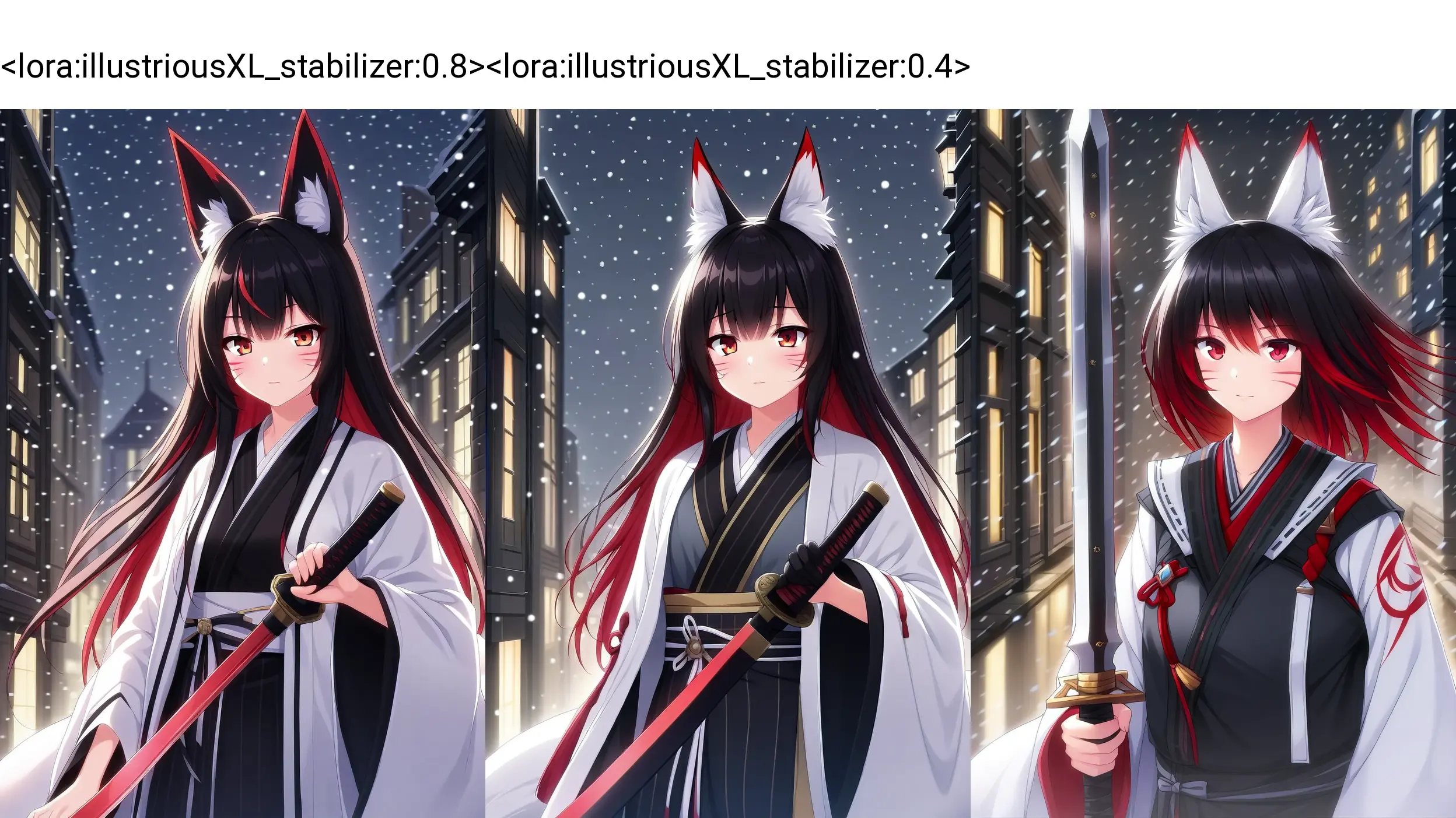 <lora:illustriousXL_stabilizer:0.8>1girl,fox ears,red eyes,multicolored hair,whisker markings,closed mouth,holding sword,snowing,street,town,at night,