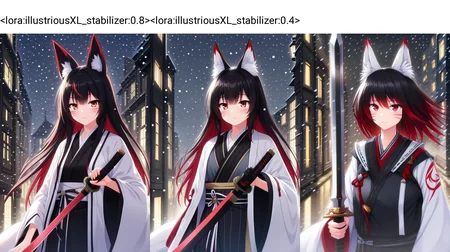 <lora:illustriousXL_stabilizer:0.8>1girl,fox ears,red eyes,multicolored hair,whisker markings,closed mouth,holding sword,snowing,street,town,at night,