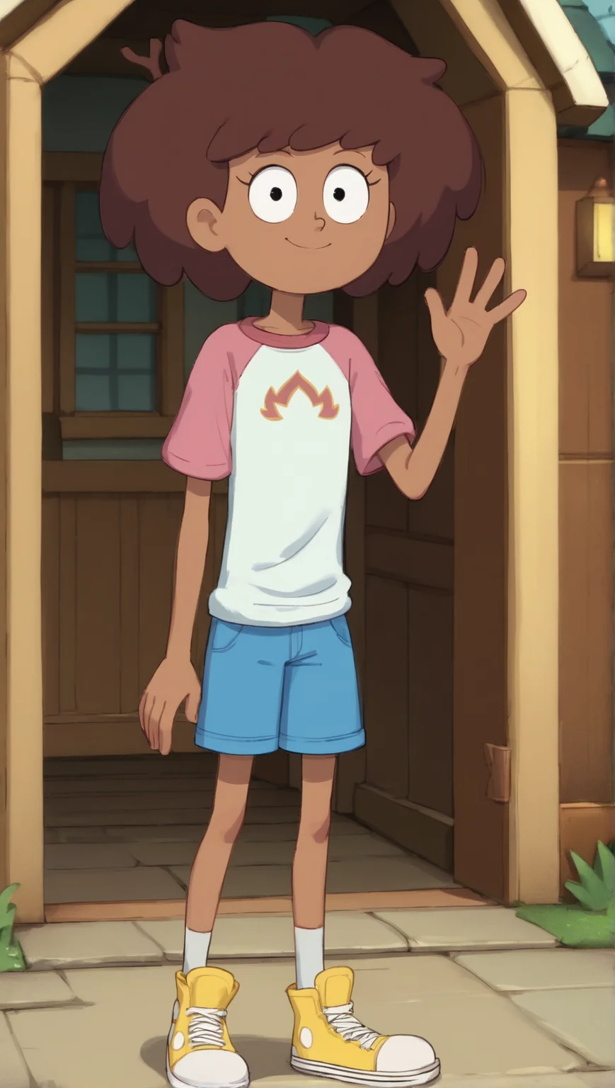 masterpiece, high quality, score_9, score_8_up, score_7_up, t 1girl, smile, looking at viewer, full body, ((((short)))), ((cute)), (petite), Anne Boonchuy, Dark-skinned female, brown hair, raglan sleeves, Season 3 Anne, parody, short limbs, house, porch, flat colors, waving, blue shorts, shoes<lora:Anne_Boonchuy_2:0.9>