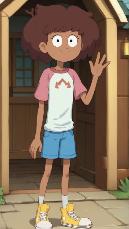 masterpiece, high quality, score_9, score_8_up, score_7_up, t 1girl, smile, looking at viewer, full body, ((((short)))), ((cute)), (petite), Anne Boonchuy, Dark-skinned female, brown hair, raglan sleeves, Season 3 Anne, parody, short limbs, house, porch, flat colors, waving, blue shorts, shoes<lora:Anne_Boonchuy_2:0.9>