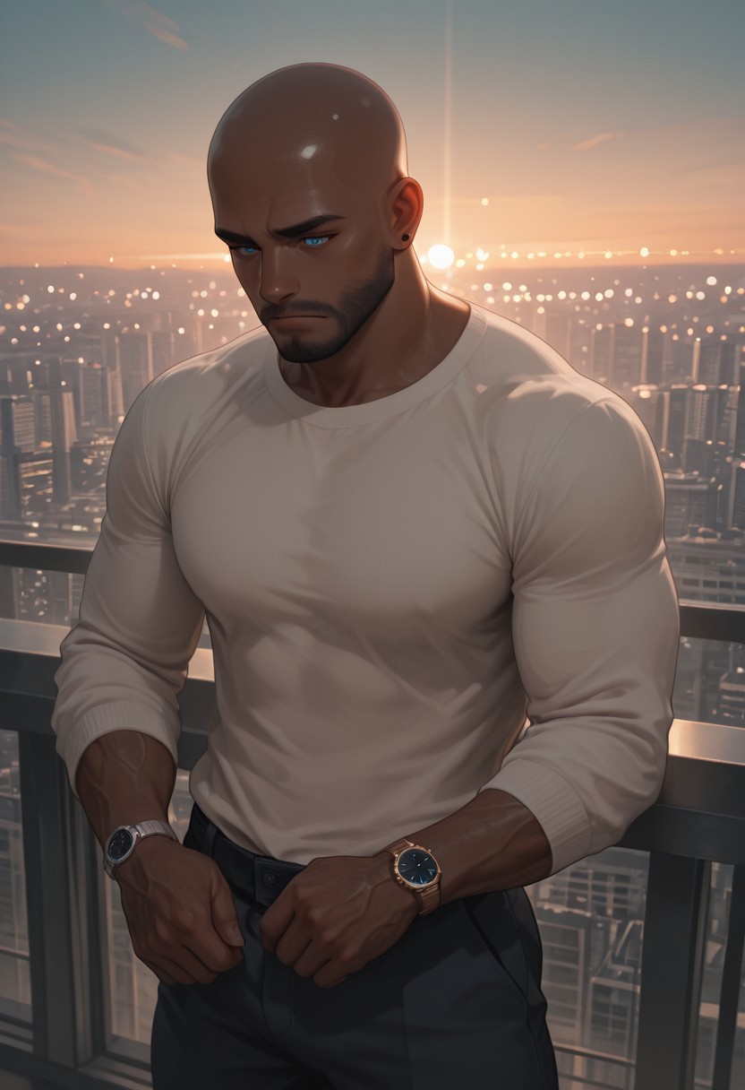 masterpiece, best quality, amazing quality, absurdres, newest, detailed background, definition so sharp, Ultra-HD, 8K cinematic, very awa, impressionate, amazing quality, highres, 
1boy, mbti_estj, muscular man, mature man, bald, dark skin, facial hair, blue eyes, watch, solo, balcony, city lights \(bokeh\), twilight, soft ambient light, overlooking cityscape, pensive, relaxed, smart casual, warm atmosphere, tranquil urban, high quality, atmospheric, aesthetic