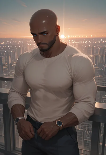 masterpiece, best quality, amazing quality, absurdres, newest, detailed background, definition so sharp, Ultra-HD, 8K cinematic, very awa, impressionate, amazing quality, highres,
1boy, mbti_estj, muscular man, mature man, bald, dark skin, facial hair, blue eyes, watch, solo, balcony, city lights \(bokeh\), twilight, soft ambient light, overlooking cityscape, pensive, relaxed, smart casual, warm atmosphere, tranquil urban, high quality, atmospheric, aesthetic