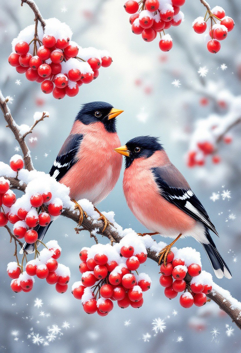 The image depicts a pair of Eurasian Bullfinches perched on a snowy branch laden with bright red berries. The birds, with their striking black caps, pink bodies, and white wing bars, stand out against the wintery backdrop. The artist has captured the delicate details of the snow-covered berries and the birds' fluffy feathers, creating a sense of tranquility and beauty in the midst of the cold season.