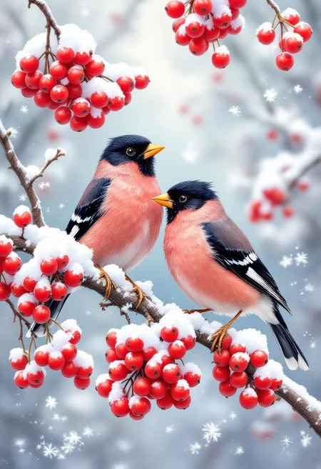The image depicts a pair of Eurasian Bullfinches perched on a snowy branch laden with bright red berries. The birds, with their striking black caps, pink bodies, and white wing bars, stand out against the wintery backdrop. The artist has captured the delicate details of the snow-covered berries and the birds' fluffy feathers, creating a sense of tranquility and beauty in the midst of the cold season.