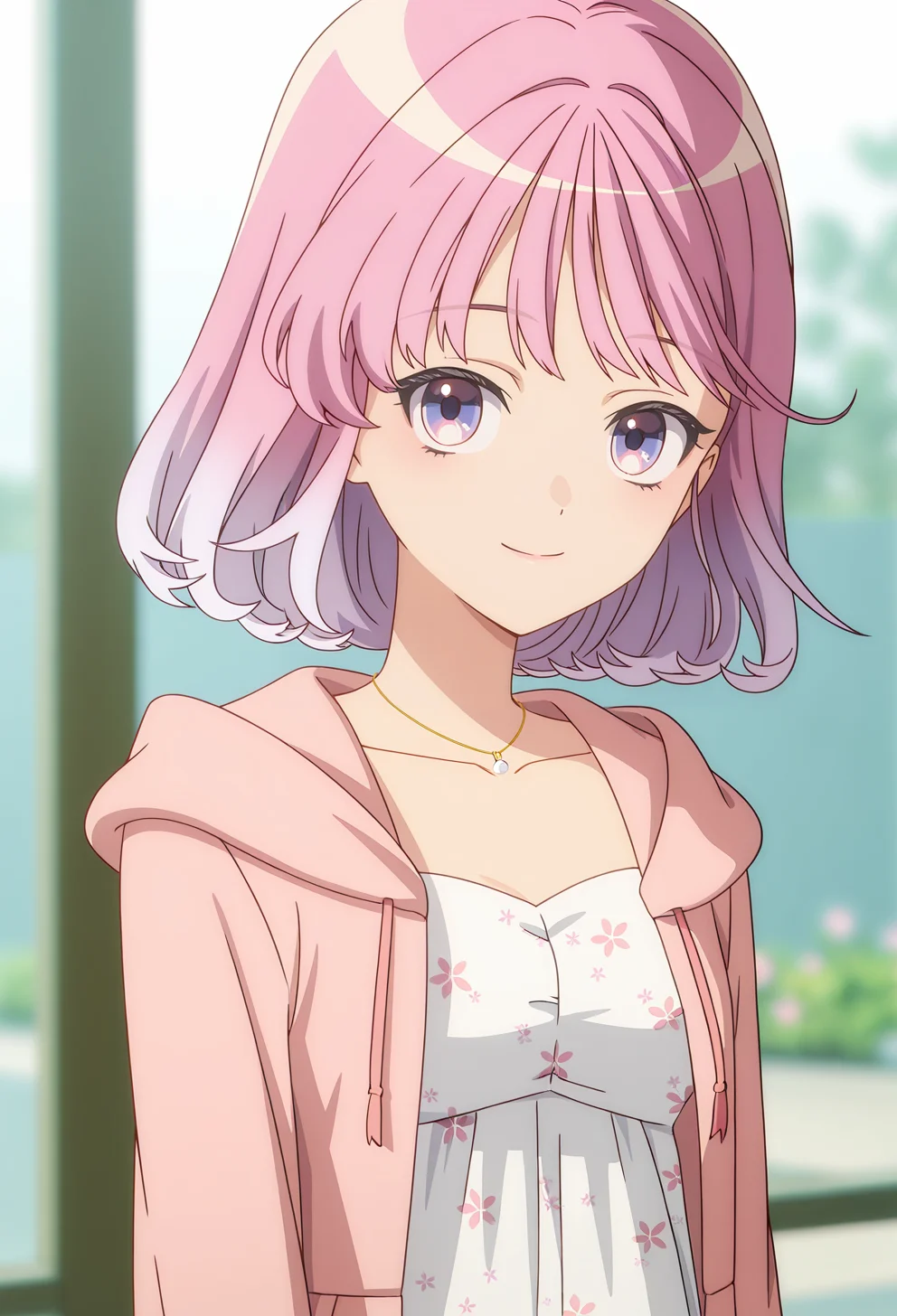 <lora:YUNA AKAGI-000036:1>,
YUINA AKAGI,short hair,gradient hair,medium hair,
necklace,jewelry,hooded jacket,pink jacket,hood down,floral print dress,open jacket,white dress,
solo,smile,looking at viewer,upper body,collarbone,flower,hood,closed mouth,blurry background,blurry,dress