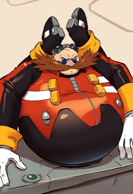 score_7_up, score_8_up, score_9_up, eggman, male focus, 1boy, solo, goggles, gloves, mustache, facial hair, white gloves, blue-tinted eyewear, goggles, goggles on head, fat, fat man, bald, legs behind head, legs up, laboratory