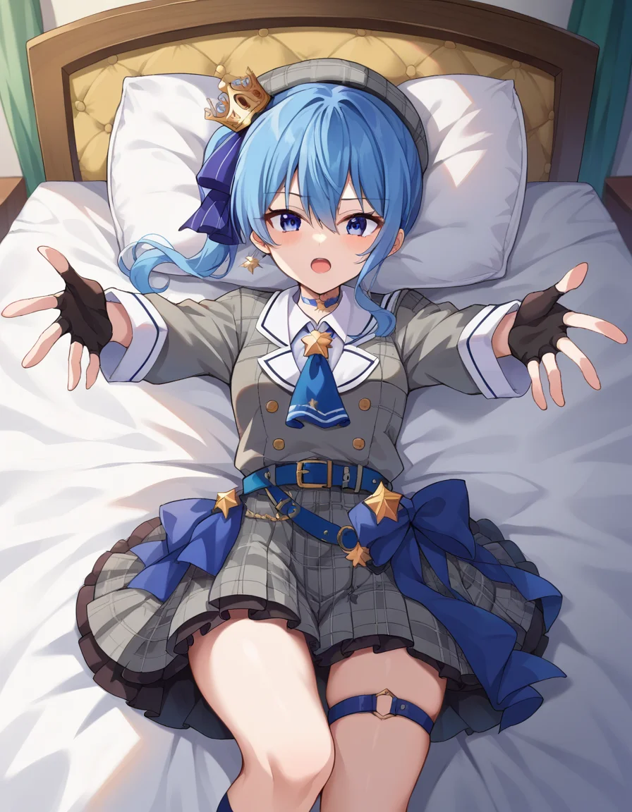 score_9, score_8_up, score_7_up, source_anime,
suiseihoshimachi, <lora:suisei-hoshimachi-ponyxl-lora-nochekaiser:1>
suisei hoshimachi, blue eyes, blue hair, choker, hair between eyes, medium hair, side ponytail, star choker,
ascot, asymmetrical legwear, belt, beret, black gloves, blue ascot, blue belt, blue bow, blue choker, bow, buttons, choker, collared shirt, crown, gloves, grey headwear, grey jacket, grey skirt, hat, jacket, jewelry, kneehighs, long sleeves, miniskirt, mismatched legwear, partially fingerless gloves, pendant, plaid, plaid jacket, plaid skirt, shirt, single kneehigh, single sock, skirt, skirt set, socks, star choker, star print, thigh strap, uneven legwear, white shirt,
indoors, bed, bed room, on back, arm support, arms up, incoming hug, pov, reaching, reaching towards viewer,
looking at viewer, dutch angle, cowboy shot,