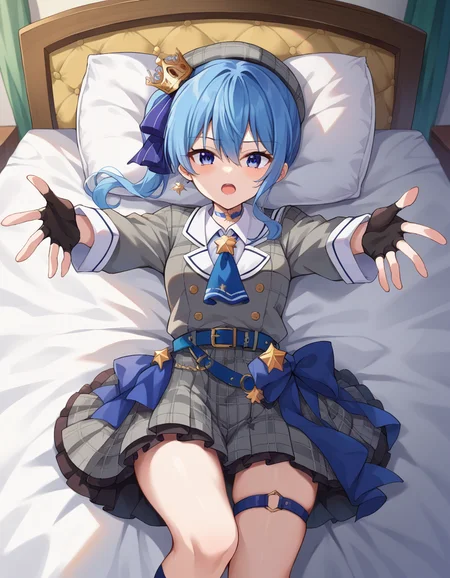score_9, score_8_up, score_7_up, source_anime,
suiseihoshimachi, <lora:suisei-hoshimachi-ponyxl-lora-nochekaiser:1>
suisei hoshimachi, blue eyes, blue hair, choker, hair between eyes, medium hair, side ponytail, star choker,
ascot, asymmetrical legwear, belt, beret, black gloves, blue ascot, blue belt, blue bow, blue choker, bow, buttons, choker, collared shirt, crown, gloves, grey headwear, grey jacket, grey skirt, hat, jacket, jewelry, kneehighs, long sleeves, miniskirt, mismatched legwear, partially fingerless gloves, pendant, plaid, plaid jacket, plaid skirt, shirt, single kneehigh, single sock, skirt, skirt set, socks, star choker, star print, thigh strap, uneven legwear, white shirt,
indoors, bed, bed room, on back, arm support, arms up, incoming hug, pov, reaching, reaching towards viewer,
looking at viewer, dutch angle, cowboy shot,