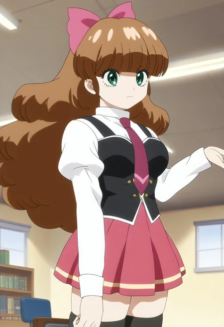 score_9, score_8_up, score_7_up, source_anime, 1girl, solo, <lora:azusa.pony:1>, azusa, anime coloring, long hair, green eyes, brown hair, blunt bangs, large breasts, library, <lora:bible_black_uniform_xl_v3:1>, school uniform, white shirt, black vest, black thighhighs, red skirt, red necktie, anime coloring,anime screencap, sexy pose