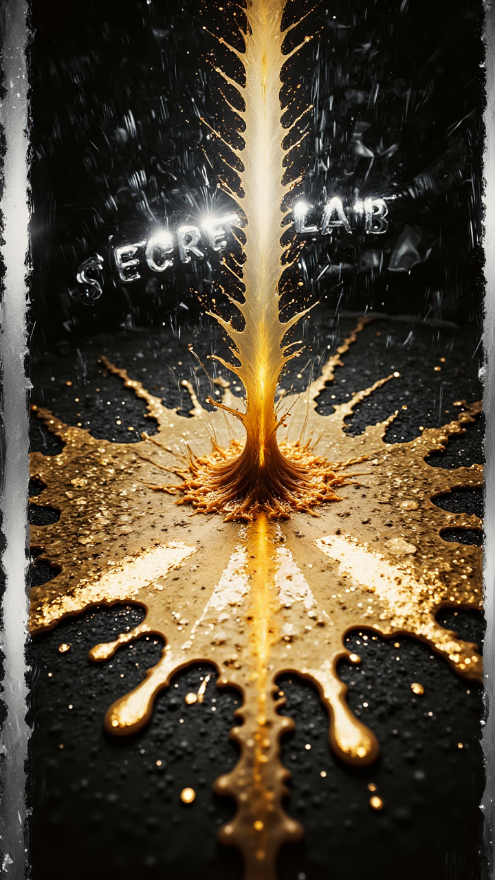 A retro VHS tape melting into a pool of liquid gold, silver frame, with distorted static lines in the background with text: "Secret Lab"
