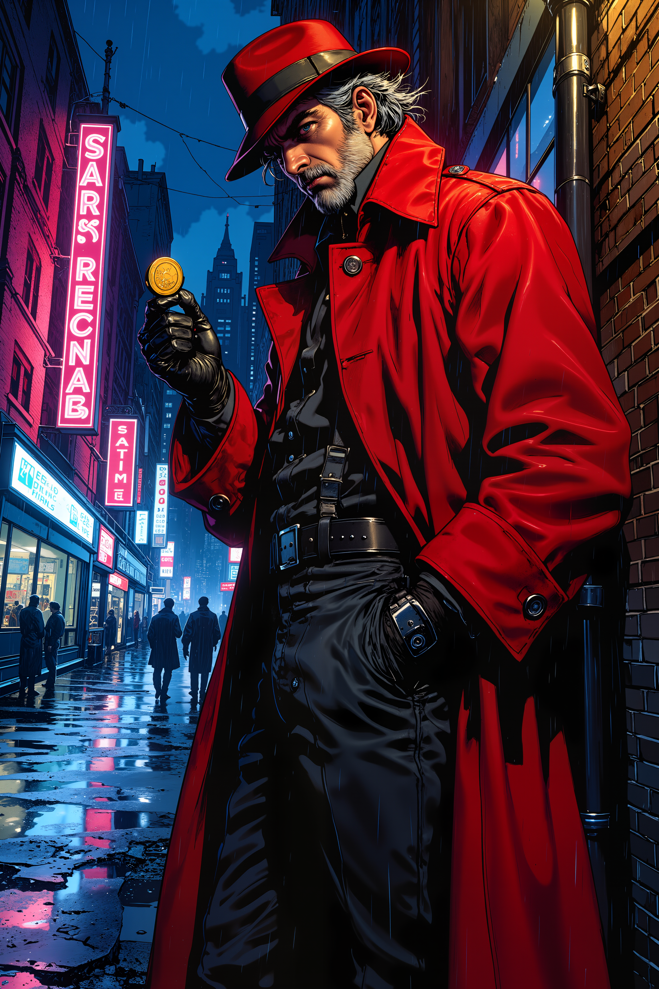 A dark alleyway glows in the rain-soaked night as a lone figure in a deep red trench coat leans against a flickering streetlamp, flipping a gold coin between gloved fingers. His storm-gray hair falls messily over sharp, calculating eyes that shine with an electric blue glow beneath the brim of his tilted hat. The long coat sways slightly in the breeze, revealing an all-black tactical suit underneath, complete with silver buckles and a twin set of custom revolvers holstered at his hips. A slow smirk tugs at his lips as he watches a group of would-be tough guys approach, thinking they have the upper hand. The neon signs above cast shifting colors across the wet pavement, reflections of pinks, blues, and purples swirling like oil in water. He exhales a breath of cold air, flicks his coin into the air, and before it even lands, his hands are already moving. , detailed background  Fantastic lighting. Detailed shadows.intricate details, vivid colors, hyper-detailed, ultra-sharp, , <lora:RetroAnimeFluxV1:0.4> <lora:Vintage comic book:0.7> <lora:MoriiMee_Gothic_Niji_Style_FLUX:1.0>