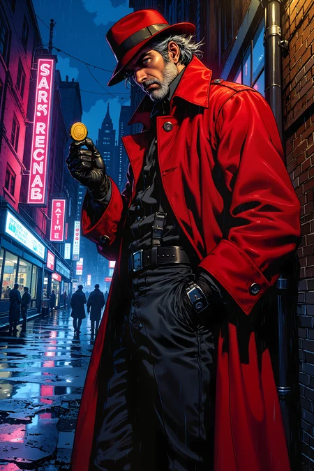 A dark alleyway glows in the rain-soaked night as a lone figure in a deep red trench coat leans against a flickering streetlamp, flipping a gold coin between gloved fingers. His storm-gray hair falls messily over sharp, calculating eyes that shine with an electric blue glow beneath the brim of his tilted hat. The long coat sways slightly in the breeze, revealing an all-black tactical suit underneath, complete with silver buckles and a twin set of custom revolvers holstered at his hips. A slow smirk tugs at his lips as he watches a group of would-be tough guys approach, thinking they have the upper hand. The neon signs above cast shifting colors across the wet pavement, reflections of pinks, blues, and purples swirling like oil in water. He exhales a breath of cold air, flicks his coin into the air, and before it even lands, his hands are already moving. , detailed background Fantastic lighting. Detailed shadows.intricate details, vivid colors, hyper-detailed, ultra-sharp, , <lora:RetroAnimeFluxV1:0.4> <lora:Vintage comic book:0.7> <lora:MoriiMee_Gothic_Niji_Style_FLUX:1.0>