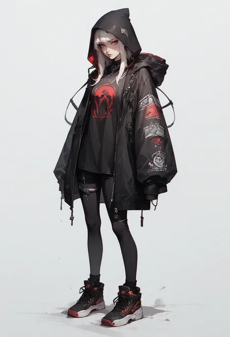 score_9, score_8_up, score_7_up, Goth girl, goth girl 1girl, monochrome, hood up, black pants, spot color, white hair, red eyes,  grey background, shirt, white background, full body, <lora:[GP] somethingweird [Pony XL]:0.2>, <lora:g0th1cPXL:0.3>, <lora:Concept Art Twilight Style SDXL_LoRA_Pony Diffusion V6 XL:0.8>,   <lora:Goth_girl_XL-v2:0.8>