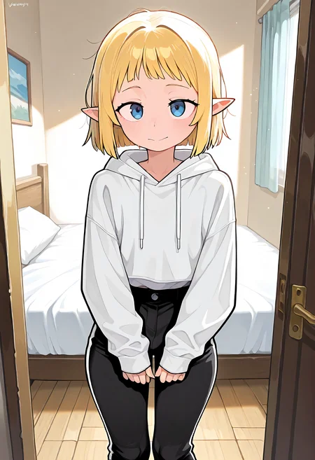 masterpiece, best quality, absurdres, amazing quality, highly detailed, sfw
1boy, elf, femboy,  blue eyes, yellow hair, short hair, short bangs,
white hoodie, black pants, knee lenght pants,
standing, innocent expression, looking at viewer,
bedroom, detailed background, bed, beautiful frame,
<lora:Lustedcomplex_-_Style_-_Illustrious:1>
masterpiece, best quality, amazing quality, very aesthetic, absurdres, newest, scenery, volumetric lighting, perfect eyes, ultra detailed, anime,
