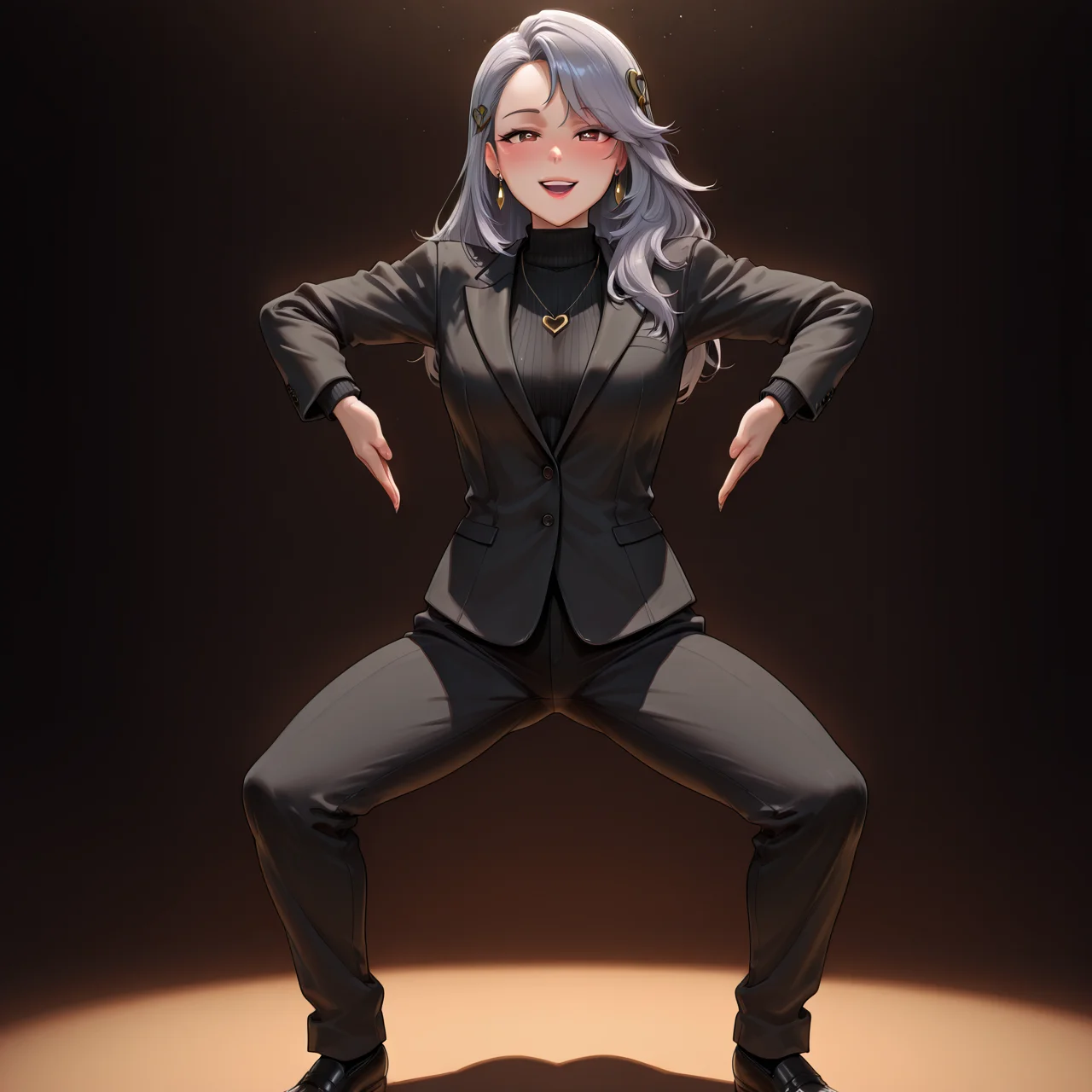 hypnotized, bowlegged, full body view, saeni1jima, red lips, long hair, grey hair, hair ornament, brown eyes, black jacket, suit jacket, long sleeves, black sweater, turtleneck sweater, black pants, earrings, necklace, (heart eyes, blushing (saluting, excited smile, haigure pose, spread arms)), office setting, <lora:persona5_saeniijima_illustriousXL:0.5> <lora:princess_rc_il:0.1> <lora:takeda_hiromitsu_style_illustrious_goofy:0.85> <lora:cutesexyrobutts_style_illustrious_goofy:0.3> <lora:MoriiMee_Gothic_Niji_Style_Illustrious_r1:0.2> <lora:haigure_pose_ilxl:1>, score_9, score_8_up, score_7_up, alt, Expressiveh, masterpiece, dark background, high quality, hd, (ultra high res, ultra detailed, high resolution, highly detailed, 4k, 8k), score_6_up, rating_explicit, nsfw, detailed image, 5k resolution:1.0, raw, realistic, perfect lighting, perfect shadows, lazypos