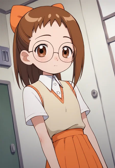 score_9, score_8_up, score_7_up, score_6_up, score_5_up, score_4_up, masterpiece, source_anime BREAK 1girl, c-hazuki, flat chest, brown hair, glasses, brown eyes, ponytail, hair bow, white collared shirt, beige sweater vest, short sleeves, orange skirt, looking at viewer, dutch angle,   <lora:Hazuki_Fujiwaraver3_PONY_c:0.8>
