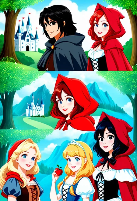 8K. Little Red Riding Hood with (brown bob hair:1.05), (blue eyes:1.05) and SnowWhite with (bob black hair:1.05), (and black eyes:1.05) (Enchanted home environemnt)
Anime_theme. Two_people
<lora:Little Red Riding Hood XL + SD1.5LITTLE RED RIDING HOOD_v:2.0>
<lora:DIsney Princesses PONY EDIT by Foxie Queen>