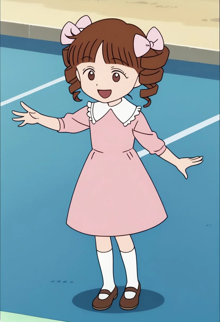 score_9, score_8_up, score_7_up BREAK HimekoJ, 1girl, brown hair, hair drills, blunt bangs, brown dot eyes, light pink ribbons, white-collared long-sleeved light pink dress, white socks, white mary-jane shoes, screenshot, official art, parody, anime footage, official design, screencap, anime screenshot, official screenshot, 2d, anime, source_anime, happy dancing, full body,