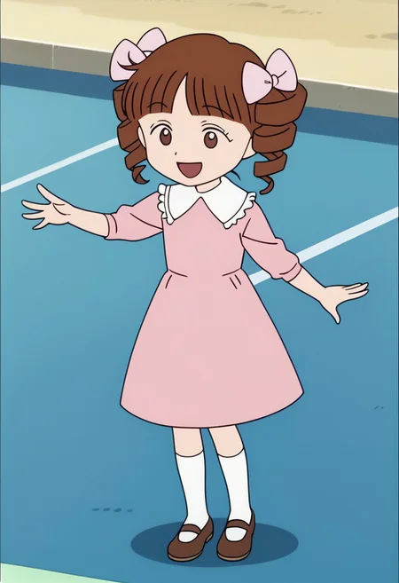 score_9, score_8_up, score_7_up BREAK HimekoJ, 1girl, brown hair, hair drills, blunt bangs, brown dot eyes, light pink ribbons, white-collared long-sleeved light pink dress, white socks, white mary-jane shoes, screenshot, official art, parody, anime footage, official design, screencap, anime screenshot, official screenshot, 2d, anime, source_anime, happy dancing, full body,
