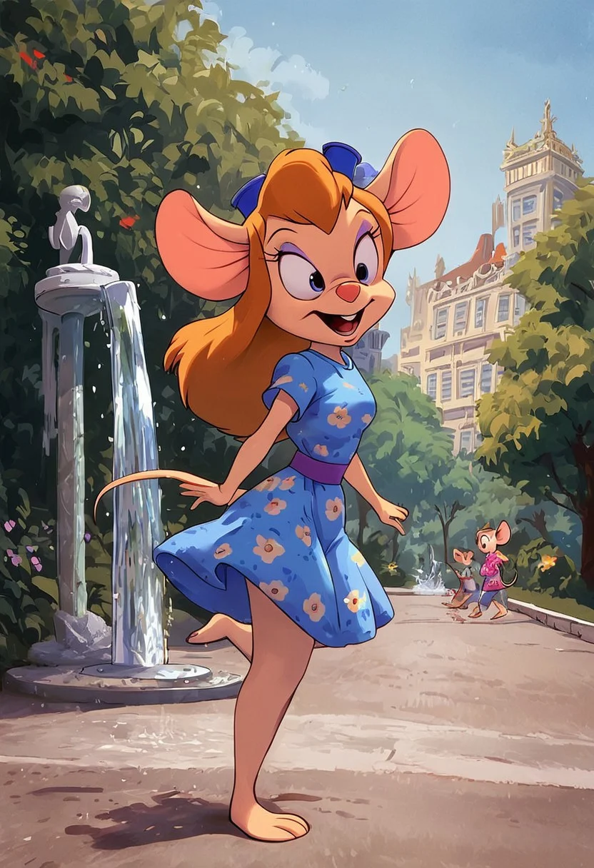 kftenhance, score_9, score_8_up, score_7_up, score_6_up, score_5_up, score_4_up
Day, city street, city background, Park, fountain, crowded, day
1gir, anthro mouse, gadget, medium perky breasts, short blue summer dress, flower print, makeup, happy, 3/4 side view, looking at fountain, barefoot