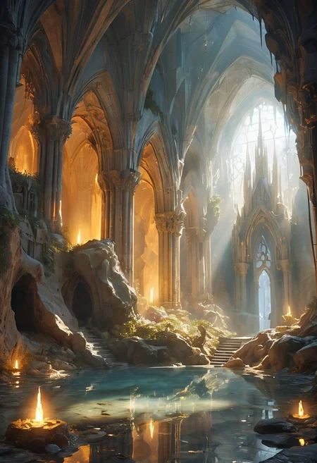 Ethereal elven church nestled within a vast cavern. Luminous crystals embedded in cave walls. Graceful spires and arches of pale moonstone and silver. Intricate carvings and glowing runes adorn the structure. Shaft of golden sunlight streaming through natural skylight above. Bioluminescent fungi and plants scattered around. Misty air with floating light particles. Serene underground pool reflecting the church. Fantasy art style, magical atmosphere, volumetric lighting, 8k resolution, a style of greg rutkowski,janek sedlar,jenny saville:0]  <lora:vivid_everclear:0.35>  <lora:Sinozick:0.35>  <lora:MJ52:0.35>