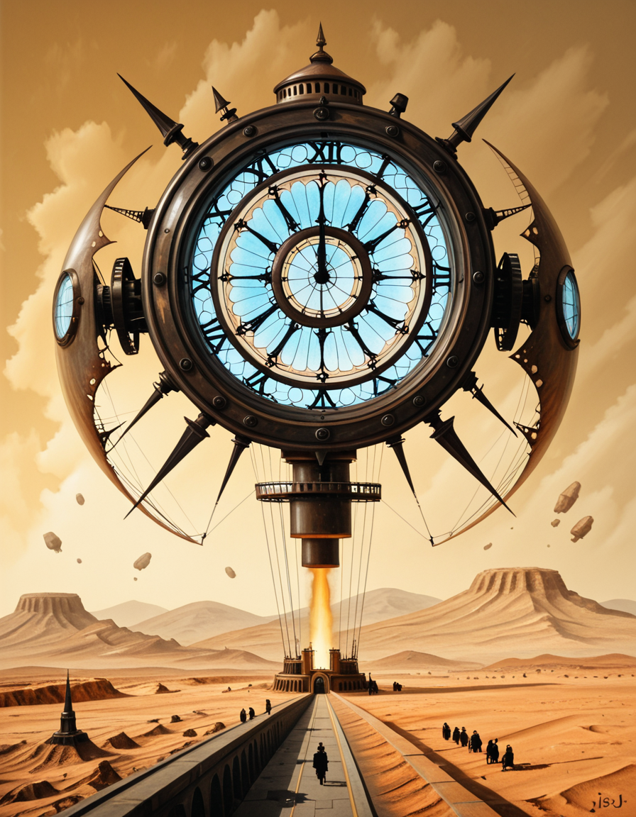 A surreal, dreamlike painting in the style of JarosÅaw Jasnikowski, depicting a gigantic mechanical insect-like cathedral walking across a cracked desert landscape. The cathedral is mounted on insect legs made of bronze and copper, with gears and steam vents along each joint. The architecture is gothic, with tall spires, stained glass windows glowing from within, and massive rotating clock faces embedded in its towers. In the background, a distorted horizon under a greenish-yellow sky, with floating islands and broken bridges suspended mid-air. A small group of cloaked figures watches the walking structure from the foreground, their long shadows cast across the dry, dusty ground. The entire scene is bathed in a surreal light, blending soft golds and dark shadows, giving it a mystical and post-apocalyptic atmosphere. Details are rich with fine mechanical engravings, absurd physics, and metaphysical symbolism, echoing Jasnikowskiâs signature surrealism and imaginative science-fiction fantasy.<lora:SDXLFaeTastic2400:0.4> <lora:extremely_detailed:0.4> extremely detailed, <lora:JarosÅaw_J4sn1k0wsk1_r1:1>,JarosÅaw J4sn1k0wsk1 <lora:JarosÅaw_J4sn1k0wsk1:1>, Masterpiece,best quality,hi res,8k,hi res,8k,award winning,(sharp focus, intricate, highly detailed),