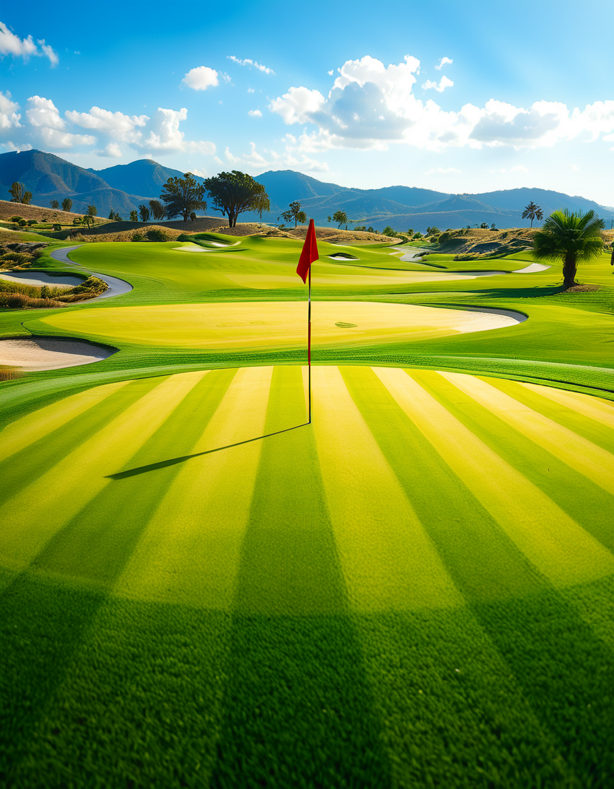 A stunning golf course captured in a high-resolution photograph, bathed in warm sunlight during the golden hour. The vast landscape features lush, perfectly manicured green fairways stretching into the distance, surrounded by rolling hills and scattered sand bunkers with smooth, raked surfaces. A crystal-clear water hazard reflects the sky, adding depth to the scenery. In the foreground, a pristine white golf ball rests on the neatly trimmed grass near a wooden tee marker. A red flag flutters gently atop a flagstick, marking the hole on the undulating green. Tall palm trees or majestic pines line the course, casting long shadows. The background showcases a breathtaking view of distant mountains or a serene blue ocean, enhancing the sense of tranquility and luxury. The sky is a brilliant shade of blue with soft, wispy clouds. The overall composition exudes elegance, precision, and the beauty of nature, capturing the essence of a world-class golf course.
<lora:SDXLFaeTastic2400:0.4> <lora:extremely_detailed:0.4> extremely detailed,<lora:golf_course:1>,golf c0urs3, Masterpiece,best quality,hi res,8k,hi res,8k,award winning,(sharp focus, intricate, highly detailed),